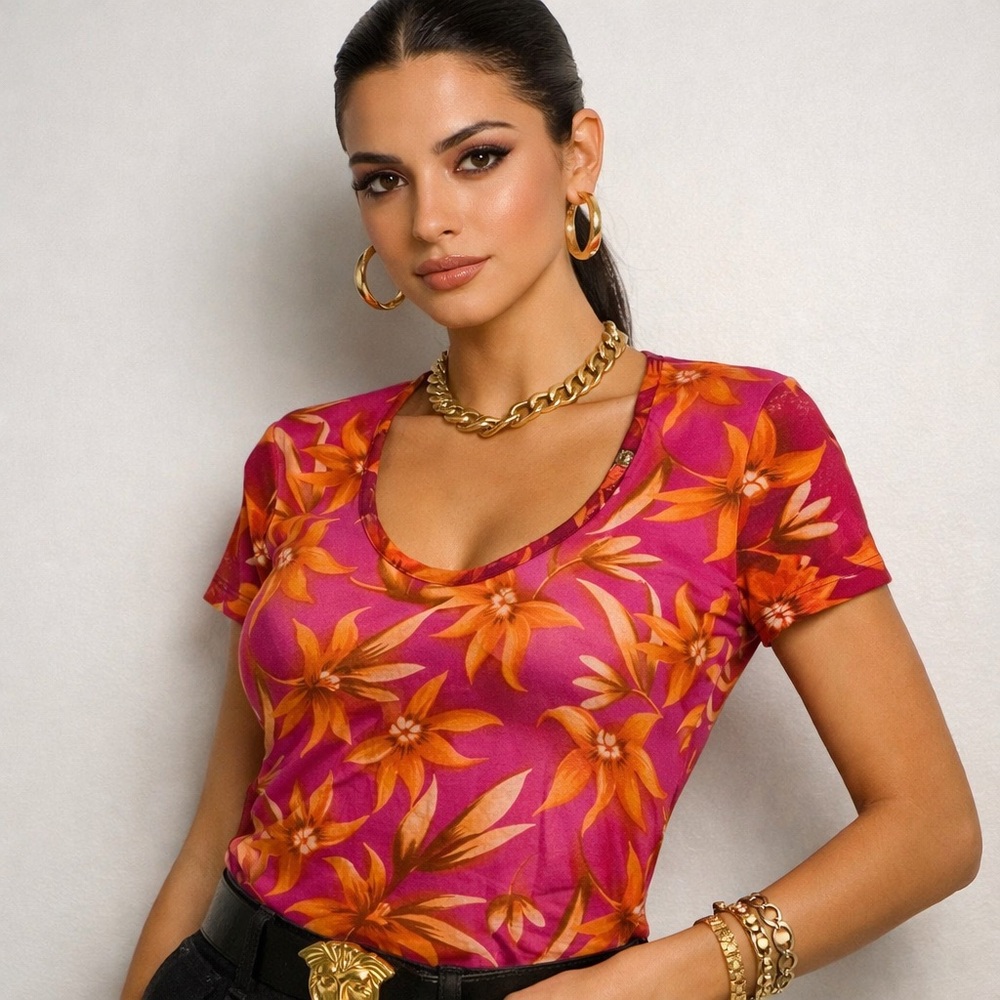 Versace (Authentic) | Y2K Vibrant Floral Women's Top | Sz Small EUC